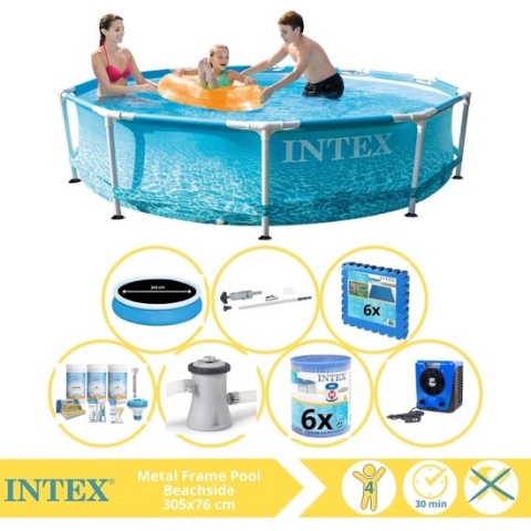 Intex Metal Frame Zwembad - Opzetzwembad - 305x76 cm - Inclusief Solarzeil Pro, Onderhoudspakket, Zwembadpomp, Filter, Stofzuiger, Zwembadtegels en Warmtepomp HS
