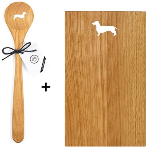 Teckel - snijplank - borrelplank - broodsnijplank - kooklepel - pollepel - hout - hond - eiken hout - kortharig - gladharig - gladharige teckel