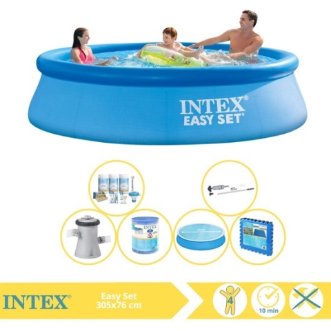 Intex Easy Set Zwembad - Opblaaszwembad - 305x76 cm - Inclusief Solarzeil, Onderhoudspakket, Zwembadpomp, Filter, Stofzuiger en Zwembadtegels