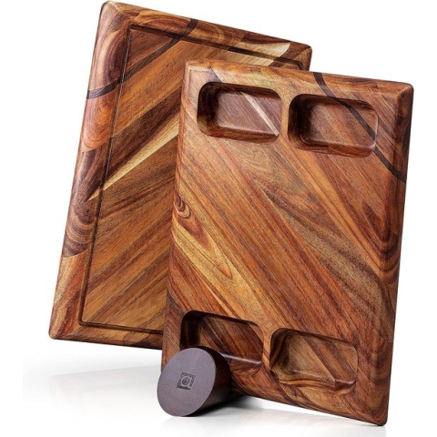 Contour houten snijplank - grote acaciahouten snijplank met standaard, dubbelzijdige keukenplank met sapgoot en 4 kommen - serveerplank van Apace Living 43 x 33 x 3,8 cm