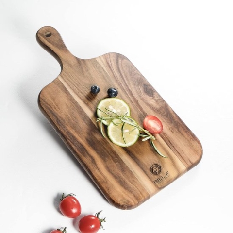 Serveerplank van hout, houten plank voor keuken, rustieke keukenplank, acaciahouten snijplank met handvat, ontbijtplank, broodplank, serveerplaat set incl. 35 x 18 x 1,8 cm