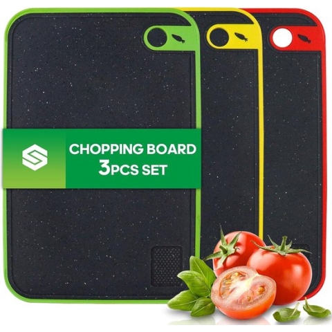 Snijplank, 3-delige set, snijplanken, kunststof, groot, keukenplank, antislip, met sapgoot en knoflookpers, groef, ontbijtplankje, antibacterieel en vaatwasmachinebestendig, voor fruit/groenten/vlees