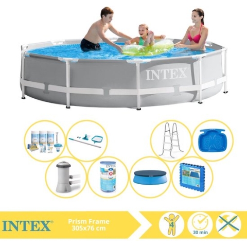 Intex Prism Frame Zwembad - Opzetzwembad - 305x76 cm - Inclusief Afdekzeil, Onderhoudspakket, Filter, Onderhoudsset, Trap, Voetenbad en Zwembadtegels