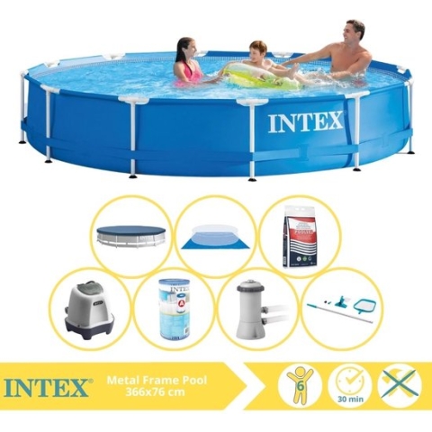 Intex Metal Frame Zwembad - Opzetzwembad - 366x76 cm - Inclusief Afdekzeil, Zwembadpomp, Filter, Grondzeil, Onderhoudsset, Zoutsysteem en Zout