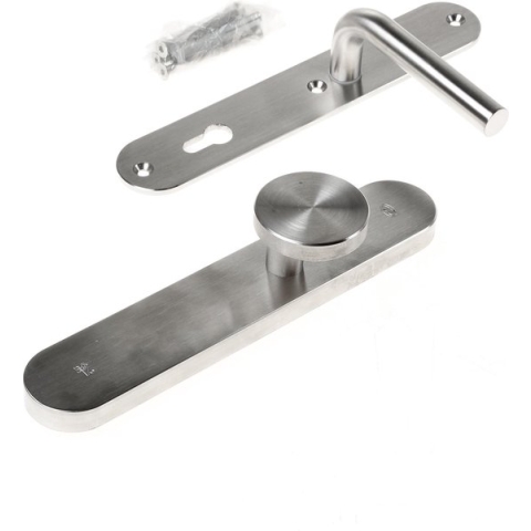 JRS Veiligheidsknopgarnituur, roestvaststaal afgerond, knop Torres en deurkruk Porto, Blind/PC92 , met verstelbare kerntrek, SKG***