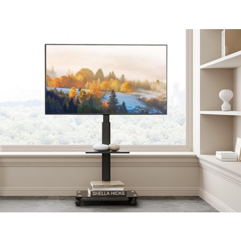 tv standaard verrijdbaar met plank & vetro-voet voor 32-60 inch, Draaibaar & Hoogte verstelbaar universal tv stand trolley with wheel, Portable vloerstandaard op wielen Max VESA 600x400mm