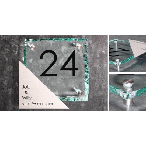 Naambord van glas | Naambordje handgemaakt | Echt 15 mm dik glas | naambord voordeur | Naambord van glas en RVS | Uniek naambordje | Huisnummerbord | Huisnummerbordje | Naambordje glas