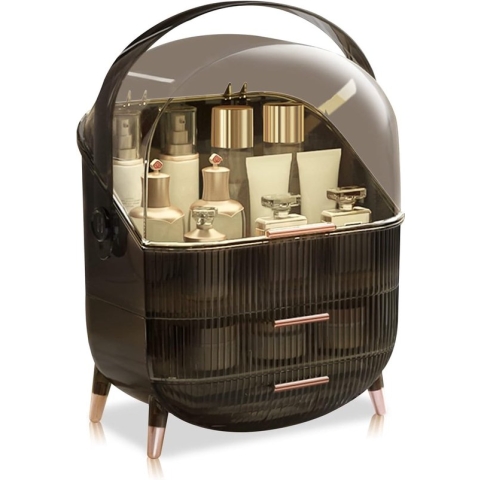 180 graden draaibare draagbare make-up organizer cosmetische opbergdoos met stofdicht deksel, beauty organizer met 2 laden en draaggreep - (retro grijs)