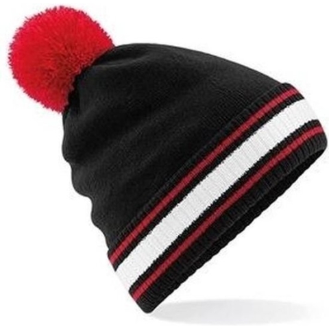 Zwart/rood met witte beanie muts met pompon voor volwassenen