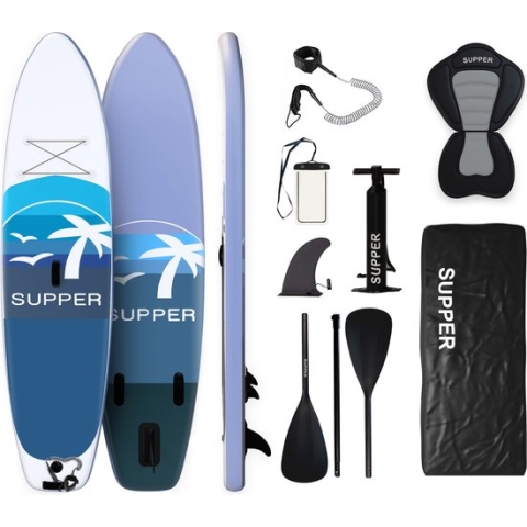 Supper Sup Board XL - Max. 180KG - Opblaasbaar – Paddle Board – Verstelbare Peddel – Waterdicht Telefoonhoesje – Zitje – Pomp – Vin – Leash – Draagtas – 335 x 81 cm