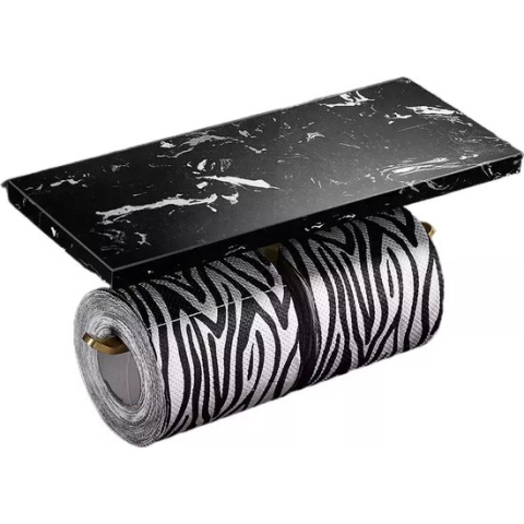 Marmeren toiletrolhouder met telefoonplankje - Toiletrolhouder voor 2 rollen wc papier - inclusief montage materiaal - Zwart & Goud