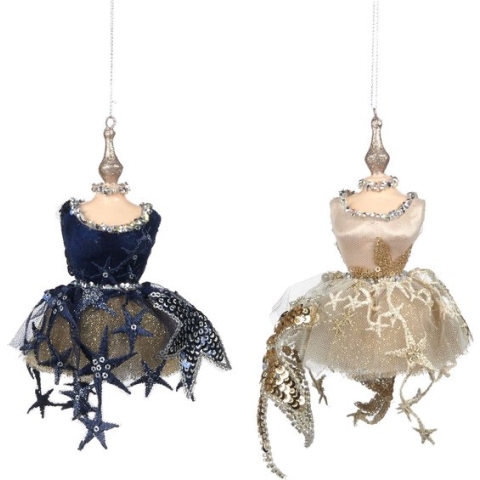 Viv! Christmas Kerstornament - mannequin - set van 2 - blauw goud - 12.5cm