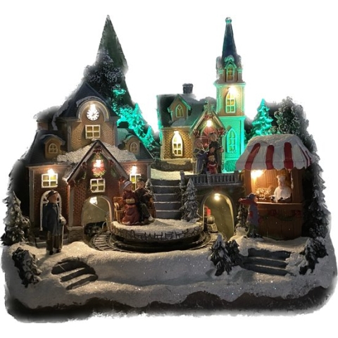Kersthuisjebestellen - Kersthuisje met verlichting - Kerstdorp met kerkje en rijdende trein - Ledverlichting - Beweging - Muziek - incl. Adapter -B=30cm - H=27 - Kersthuisjes & Kerstdorpen