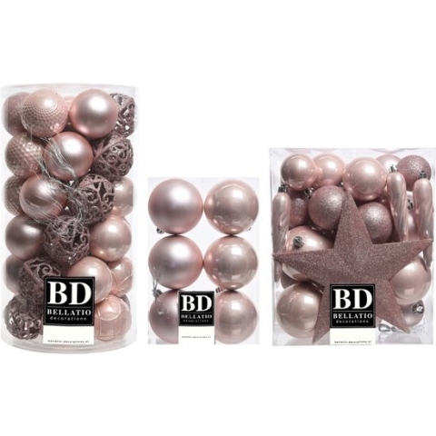 76x stuks kunststof kerstballen met ster piek lichtroze (blush pink) mix - Kerstversiering/kerstboomversiering