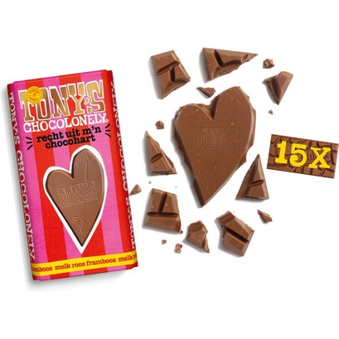 Tony's Chocolonely Melk Roos Framboos Chocoladereep - Cadeau Liefde - Reep Chocolade Hart - Chocolade Geschenk - 15 Repen