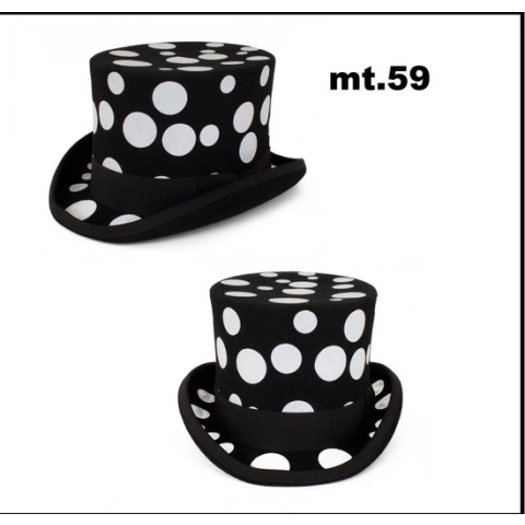 Hoge hoed wolvilt zwart met witte bollen maat 59 - carnaval zwart wit optocht thema feest black and white