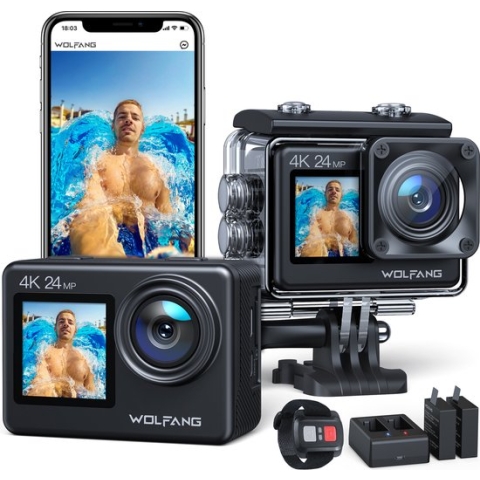WOLFANG GA200 Action Camera - 4K 24MP - Waterdicht 40M - EIS Stabilisatie - WiFi - Lader - Afstandsbediening - Accessoire Kit