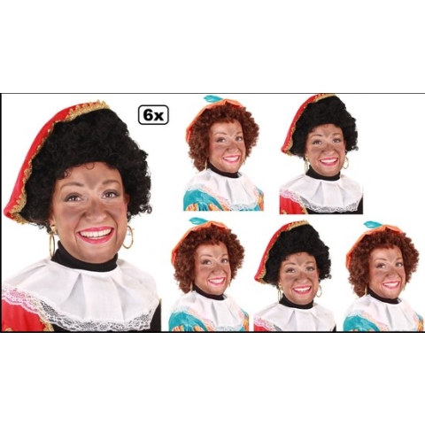 6x Mix Luxe Pieten pruik kroes bruin en krul zwart - verstelbare kap en wasbaar - Sinterklaas feest thema feest Sint en Piet