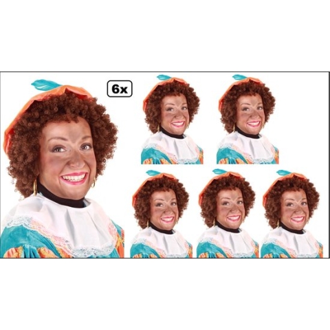 6x Luxe Pieten pruik kroes bruin - verstelbare kap en wasbaar - Sinterklaas feest thema feest Sint en Piet