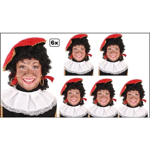 6x Luxe Pieten pruik zwart met staartjes - verstelbare kap en wasbaar - Sinterklaas feest thema feest Sint en Piet