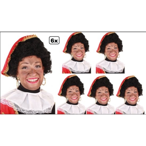 6x Luxe Pieten pruik krul zwart - verstelbare kap en wasbaar - Sinterklaas feest thema feest Sint en Piet