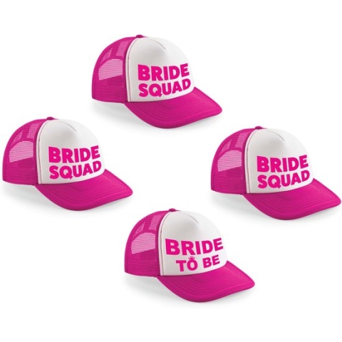 Vrijgezellenfeest dames petjes sierlijk - 1x Bride to Be roze + 7x Bride Squad roze - Vrijgezellen vrouw accessoires/ artikelen