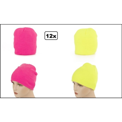 12x Muts Beanie neon pink en neon geel - skater thema feest festival fun optocht beanie