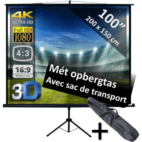 Statiefscherm 100" mét opbergtas - 200 x 150 cm - 4:3 - projectiescherm op statief / tripod scherm / beamer scherm