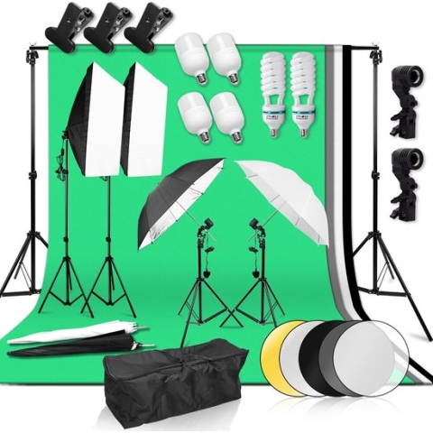 Fotografie Studio Set - Complete Set - Fotostudio - LED Softbox - Paraplu - Lampen - Studio Lampen - Achtergronddoek - 4 Kleuren