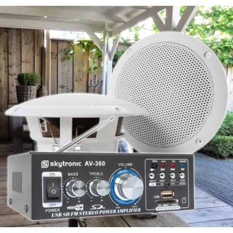 Weerbestendige 5 speakerset + versterker en kabel voor muziek op terras of veranda