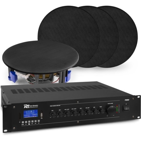 Geluidsinstallatie met Bluetooth, 4x zwarte inbouw speaker en 100v versterker van Power Dynamics