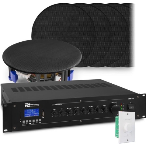 Geluidsinstallatie met Bluetooth, 12x zwarte inbouw speaker en 100v versterker van Power Dynamics