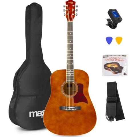 Akoestische gitaar voor beginners - MAX SoloJam Western gitaar - incl. gitaar stemapparaat, gitaartas en 2x plectrum - Bruin (hout)