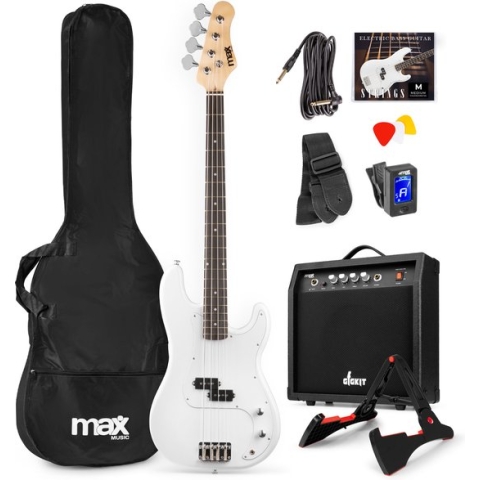 Max Gigkit Basgitaar met 40 Watt versterker - Gitaarstandaard - Gitaartas - Wit
