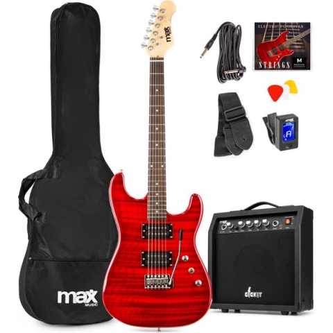 Max GigKit Superstrat Elektrische gitaar met 40 Watt versterker en accessoires - Donker Rood