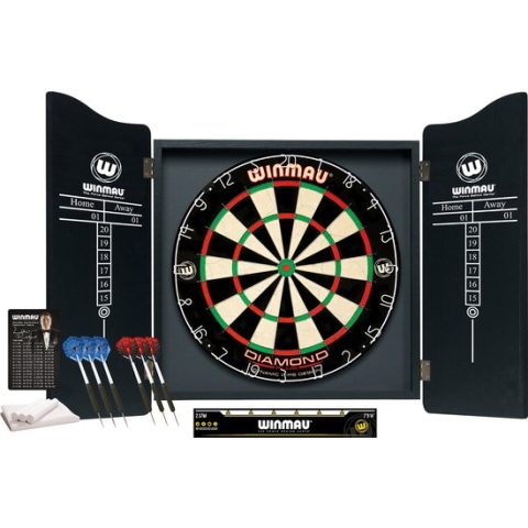 WINMAU - Professional Dart Set met Diamond Plus Bristle Dartboard, Zwart Cabinet, met 2 set 2 sets darts en officiële oche-lijn