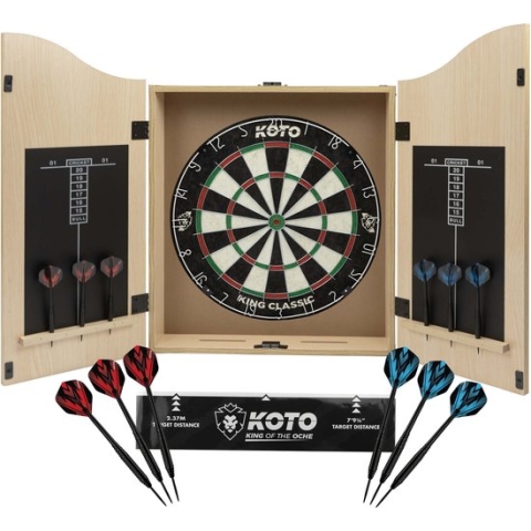 KOTO Dartkabinet Lightwood Oak Incl. Dartbord, 6 Steeltips Dartpijlen,KOTO Afwerplijn & Handleiding, Houten Darts Kast, Dartkast met dartpijlen, Kabinetdart