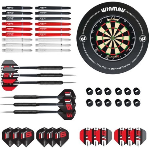 Winmau Blade 6 Starter Pack + Surround, starterSet, Winmau Surround Zwart, twee Sets Winmau Brass darts, Incl. Blade 6-design flights