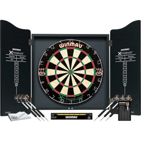 Winmau Dart Xtreme Dartbord - Professionele Dartset - Kast: Hout - Vanaf 12 jaar - Complete set van de toonaangevende Engelse fabrikant "Winmau" - Sisal dartbord in toernooikwaliteit - Bord met zwarte houten kast met dubbele deuren