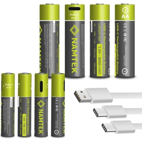 Namtek AA + AAA Oplaadbare Batterijen 1,5 Volt (2600 + 740 mWh) met USB Type-C Kabels opladen - Lithium batterijen - Duurzame Keuze - 8 stuks