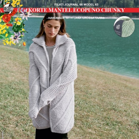 Breipakket mantel met Ecopuno Chunky-mt.36/40- model 63 van Lana Grossa Filati Journal nr. 66- mint