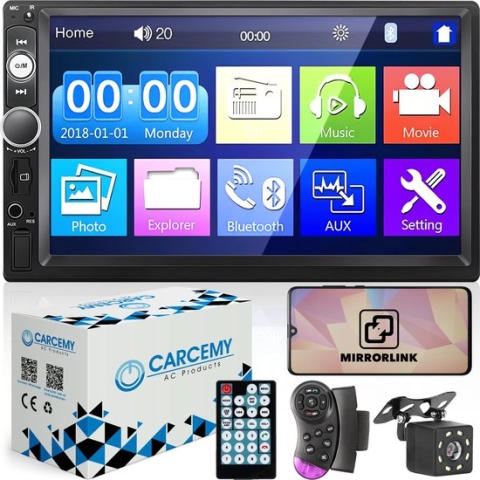 Carcemy Autoradio met Bluetooth voor alle auto's - USB & Aux - Handsfree bellen - Mirrorlink - Met ingebouwde Microfoon - Inclusief 8 Led Achteruitrijcamera