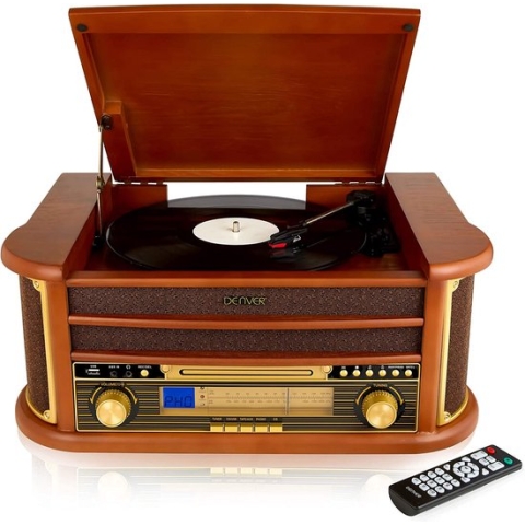 Denver Retro Platenspeler - Ingebouwde Speakers en Versterker - Radio CD Speler - MCR50 -Hout