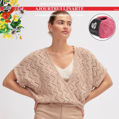 Breipakket ajourtrui mt. 44 met Linarte-garen model 25 van Lana Grossa Classici nr. 24-kleur azalea