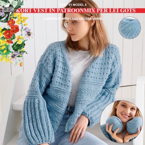 Breipakket kort vest in een patroonmix met Per Lei Gots-mt. 40/42 - model 05 van Lana Grossa Easy 01-hemelsblauw