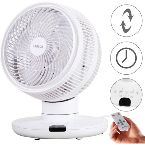 AREBOS Tafelventilator 3D - 4 Standen - Timerfunctie - Mini Fan - Met Afstandsbediening - Wit