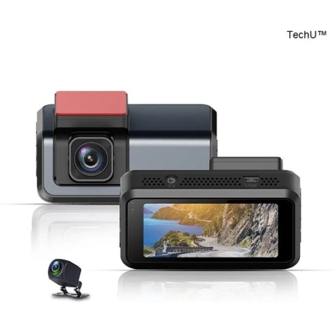 TechU™ Dashcam Camera – M45 Zwart – Dashboardcamera met Achteruitrijcamera – 3 inch Beeldscherm Full HD 1080P – 140° Wijdhoeklens – G-sensor – Loop recording – Bewegingssensor – Parkeermodus – Voor Auto
