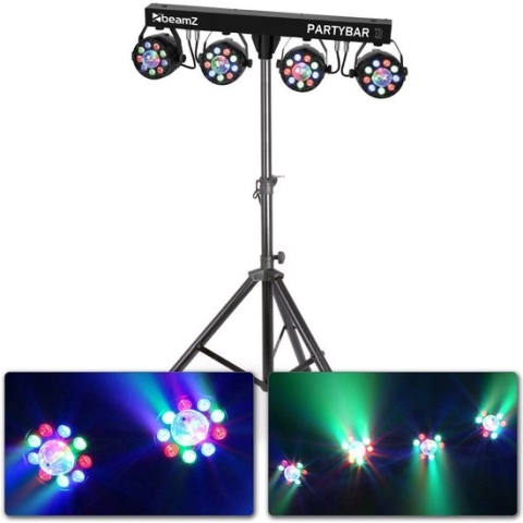 Discolampen - BeamZ PARTYBAR3 - Vier lichteffecten op statief - 4x PAR spot + 4x gekleurde Magic discobal - Complete set!