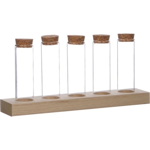 Glazen buisjes Ø3cm 5 buisjes op houten plankje (6 sets)