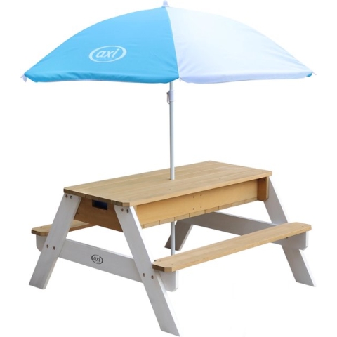 AXI Nick Zand & Water Picknicktafel in Bruin/Wit voor kinderen - Met in hoogte verstelbare Parasol in Blauw/Wit - Multifunctionele Picknick tafel van FSC hout - Picknick tafel voor kinderen van hout